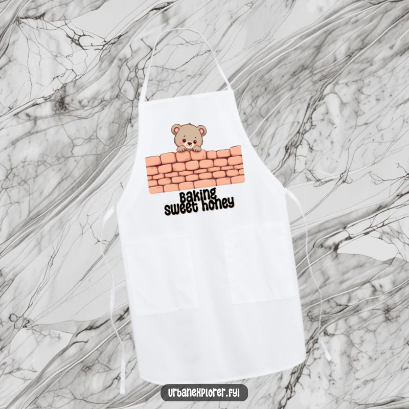 Funny Bear Cub Apron: A tiny bear cub peeks over a crumbling brick wall, ready for kitchen fun.