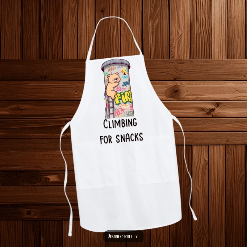 Funny Kawaii bear, ready for action, climbing a graffiti water tower on this durable and funny kitchen apron. A chef's humorous companion.