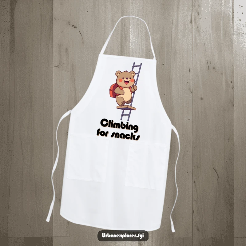 Funny apron featuring a gleeful bear with a backpack climbing a fire escape, designed for chefs who enjoy humor in the kitchen.