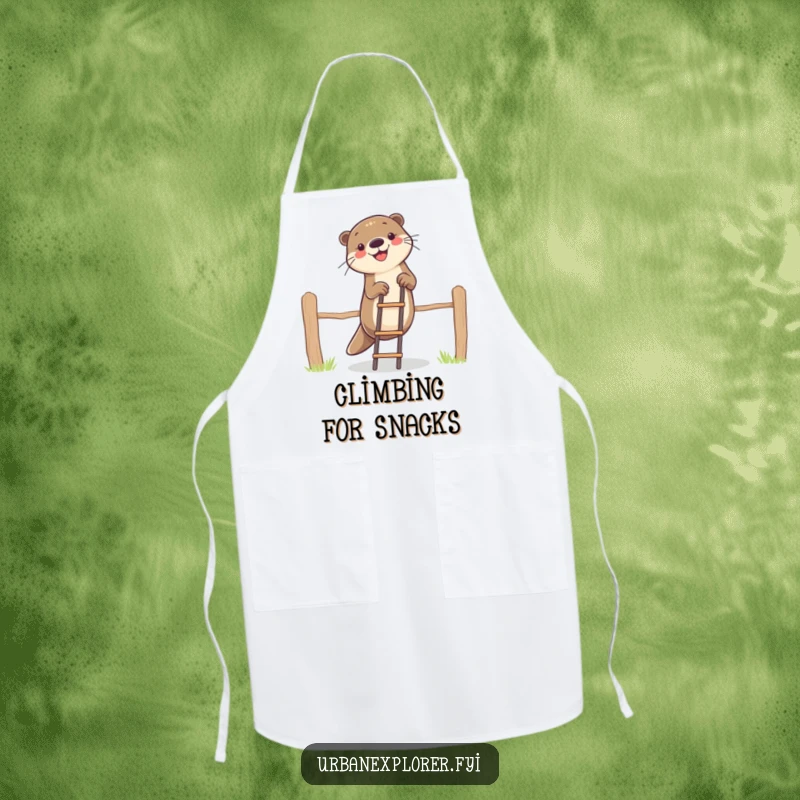 Funny otter character humorously climbing a fence with a ladder, featured on a kitchen apron for a playful cooking experience.