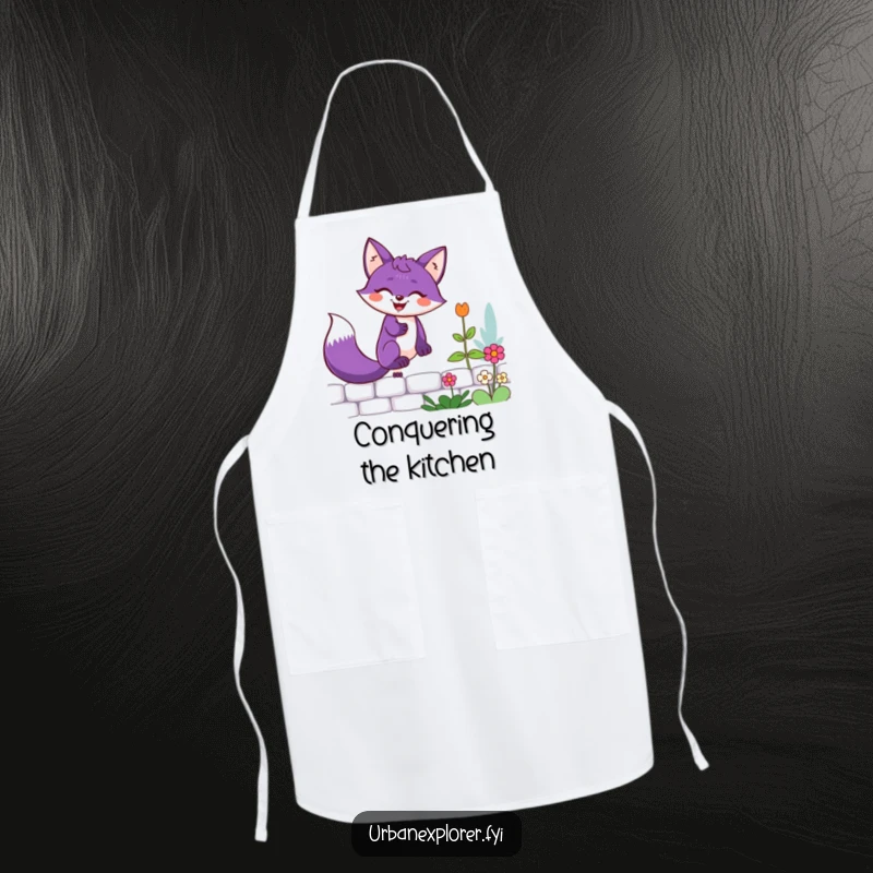 Funny purple fox with a determined grin climbing a garden wall, featured on a practical and humorous cooking apron.