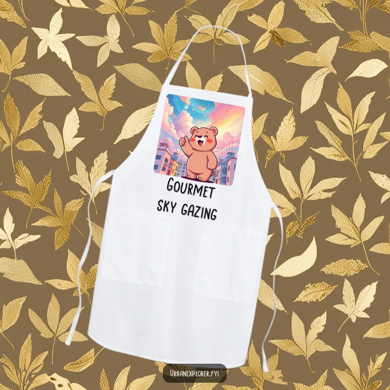 Funny bear character pointing upwards at a surreal, colorful sky above buildings, ready for kitchen magic, a funny gift apron.