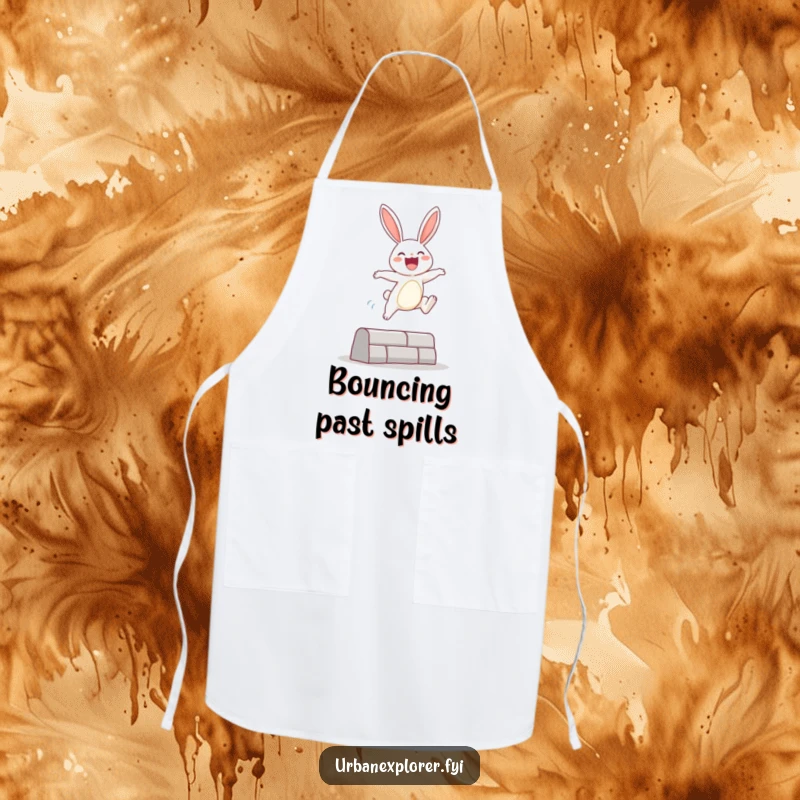 Funny Apron depicting a joyous bunny character leaping over an urban obstacle, making cooking tasks a fun and cheerful activity.