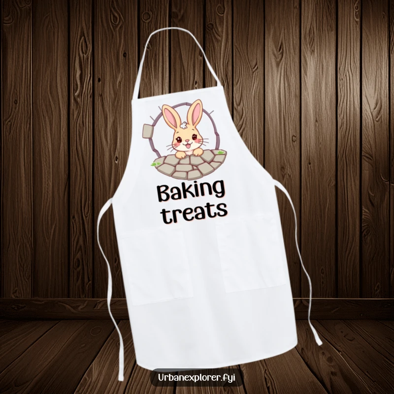 Funny bunny apron: a cheerful bunny peeking through a cracked pavement grate, bringing humor and curiosity to the kitchen.
