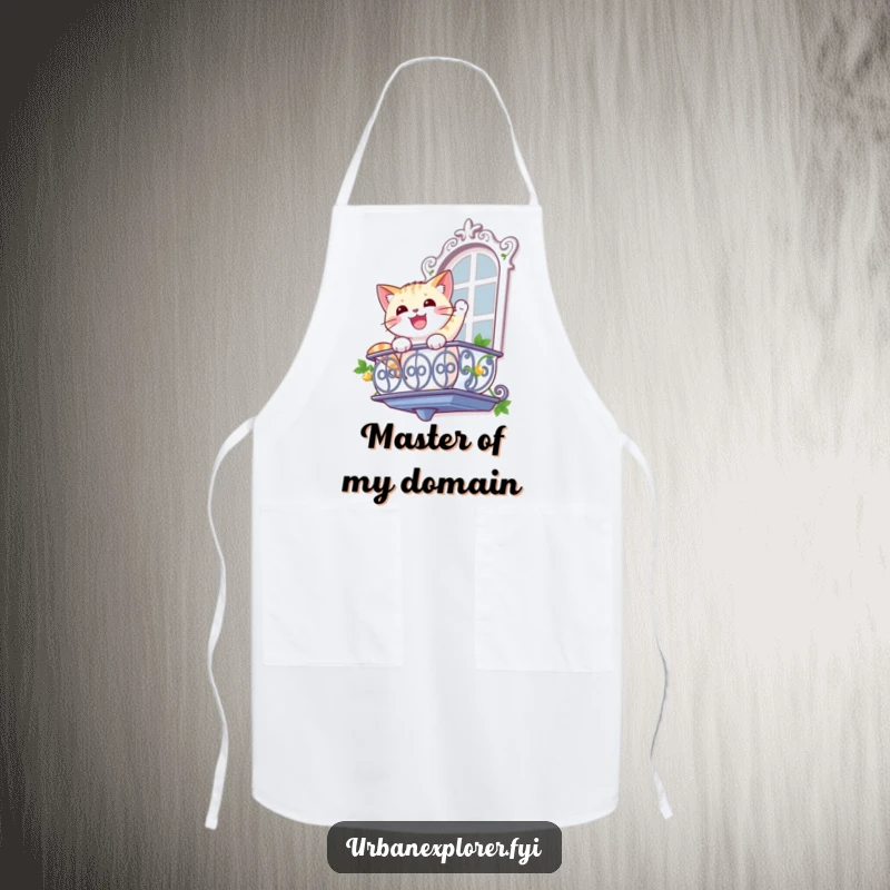 Funny cat apron with a gleeful cat rappelling down a balcony, encouraging adventurous cooking with a humorous touch.