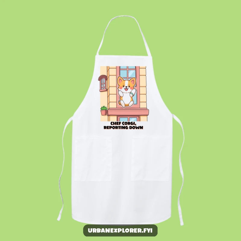 Funny Corgi Rappelling Apron: Enthusiastic Descent Kitchen Fun