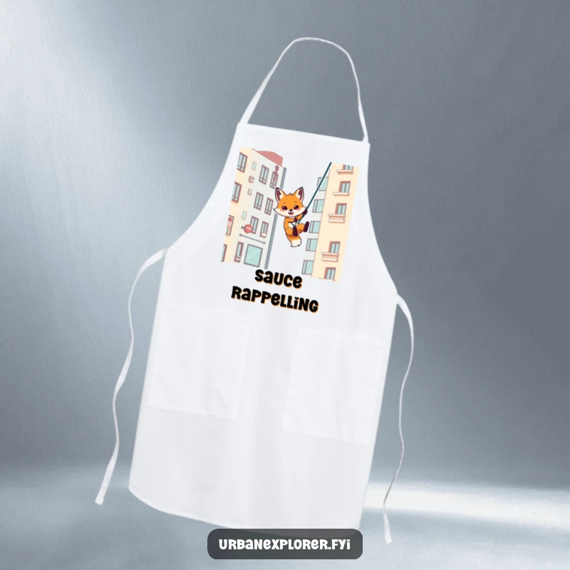 Funny apron featuring a playful fox rappelling down an urban building, a humorous accessory for the kitchen.