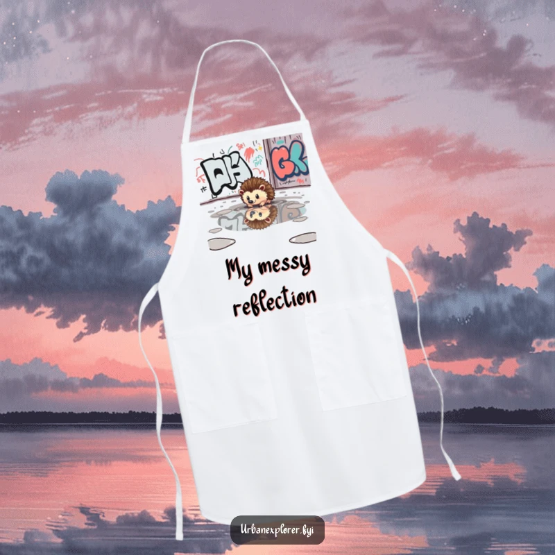 Funny curious hedgehog reflected in a puddle near a graffiti wall, printed on a durable apron.
