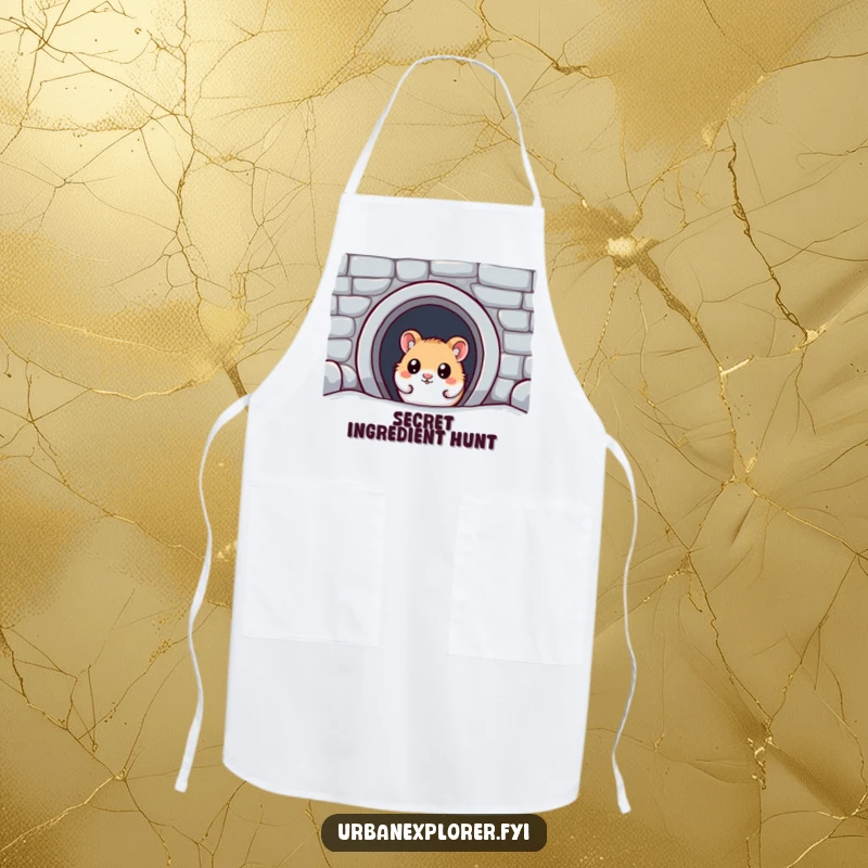 Funny Kawaii Hamster Apron: A wide-eyed kawaii hamster discovers a hidden subway entrance, bringing humorous curiosity to your cooking.