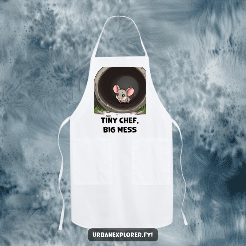 Funny mouse apron showing a tiny mouse exploring a large pipe, bringing humor to cooking and baking.