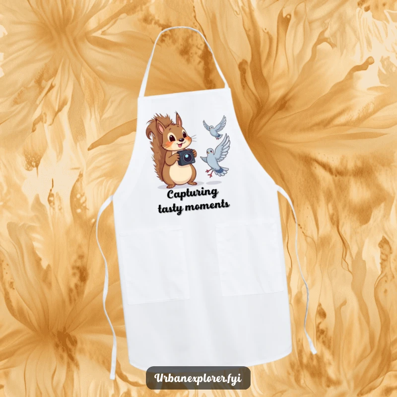 Funny squirrel wearing a chef hat, holding a camera, humorously photographing a pigeon, on an apron.