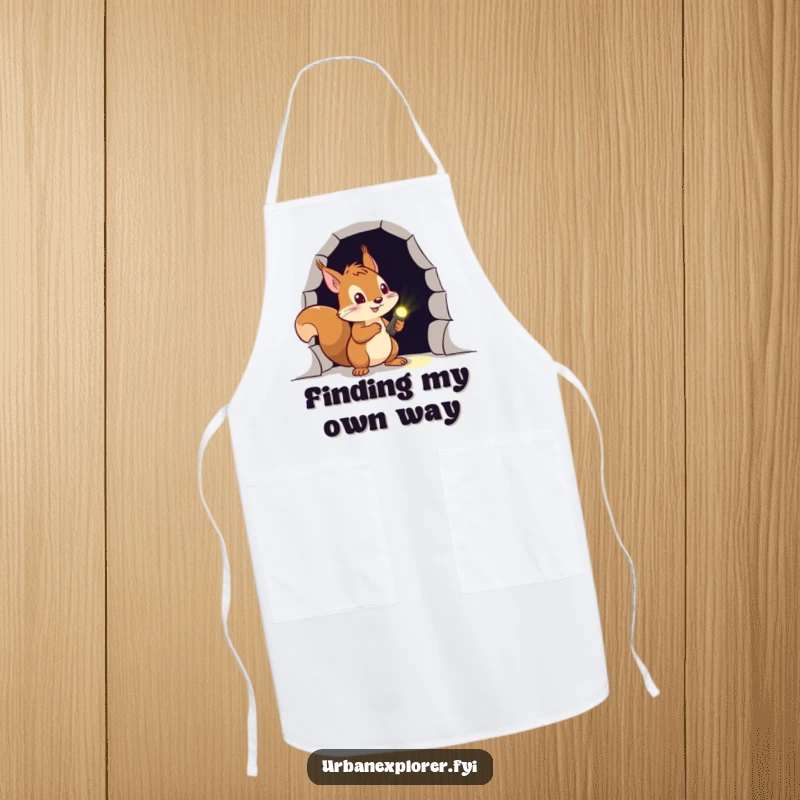 Funny squirrel apron showing a brave chef holding a flashlight, ready to explore new recipes in a dark kitchen.