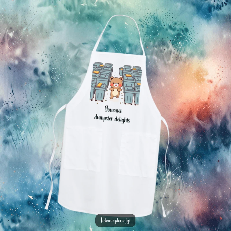 Funny bear bravely navigating a maze of dumpsters with delight, on a chef's apron.