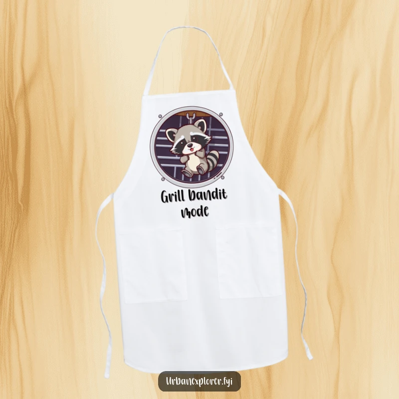 Funny apron depicting a raccoon dangling from a ventilation grate, perfect for humorous kitchen activities.