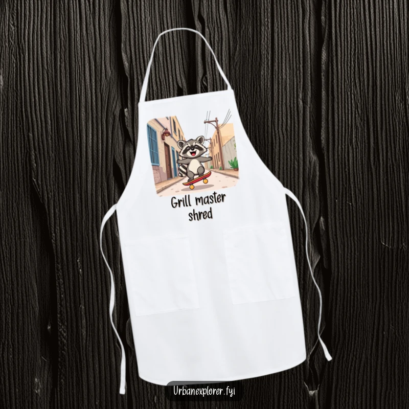 Funny Apron: A joyful Kawaii raccoon riding a skateboard down a deserted alley, adding coolness to kitchen tasks.