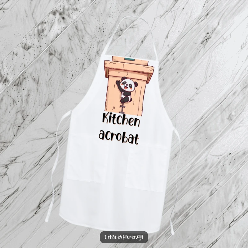 Funny kawaii apron showing a panda joyfully scaling a weathered building facade, perfect for kitchen adventures.