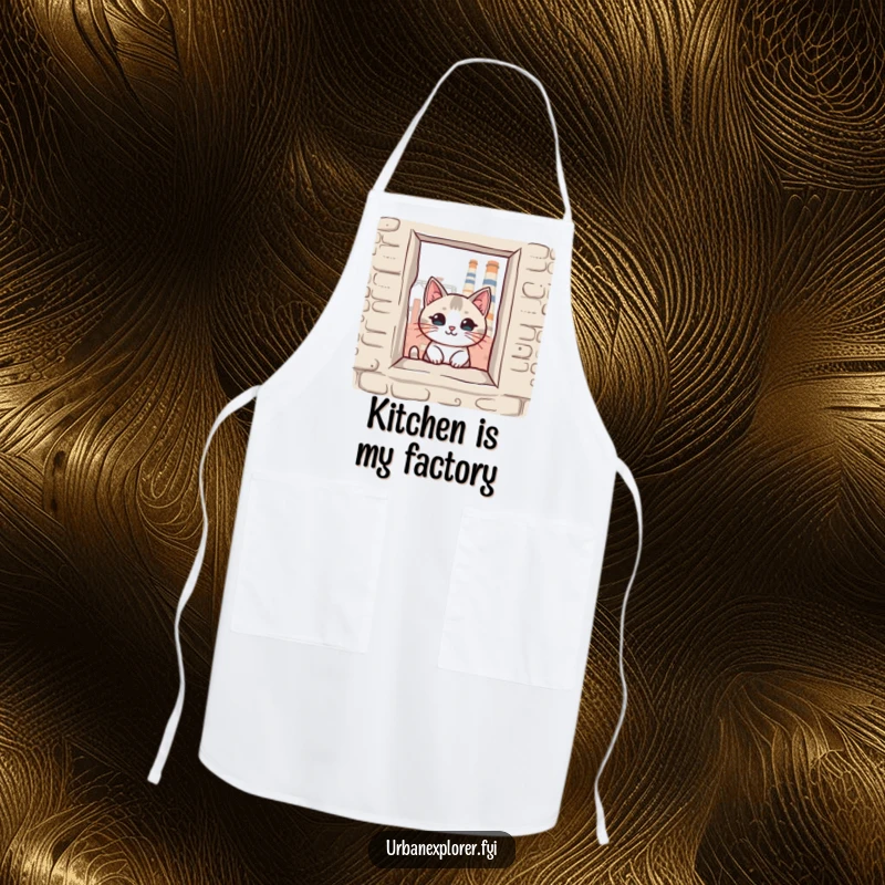 Funny kawaii cat peeking through a broken window of an old factory, depicted on a durable chef apron, suitable for a funny gift.