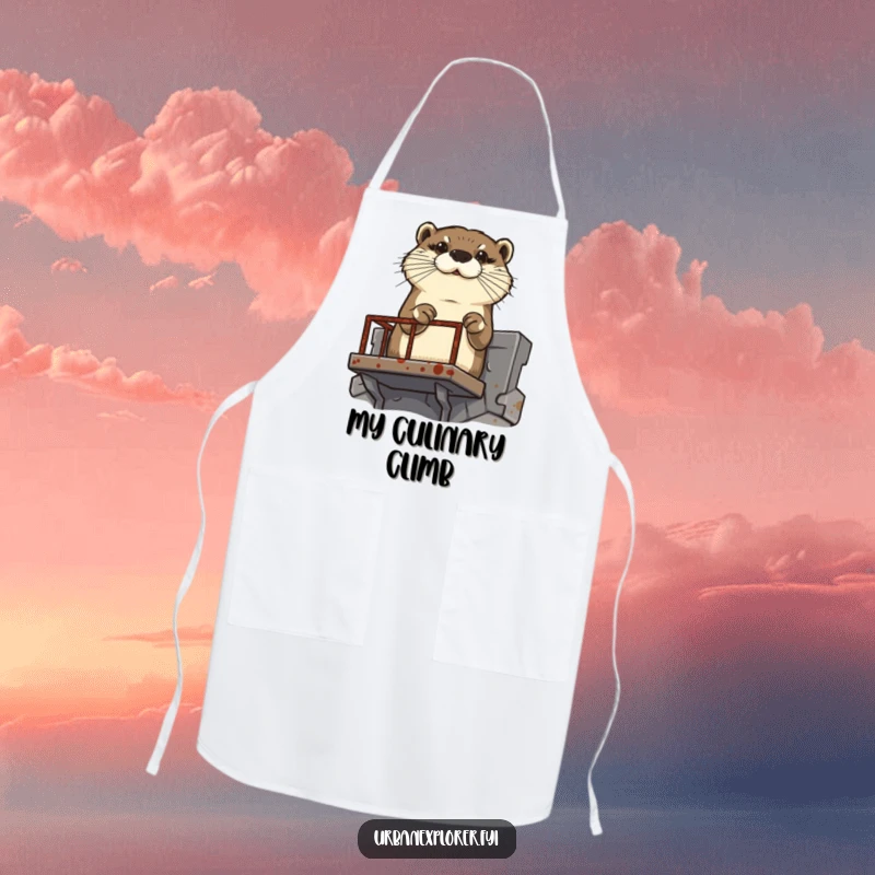 Funny determined otter climbing a rusty fire escape, on a functional kitchen apron.