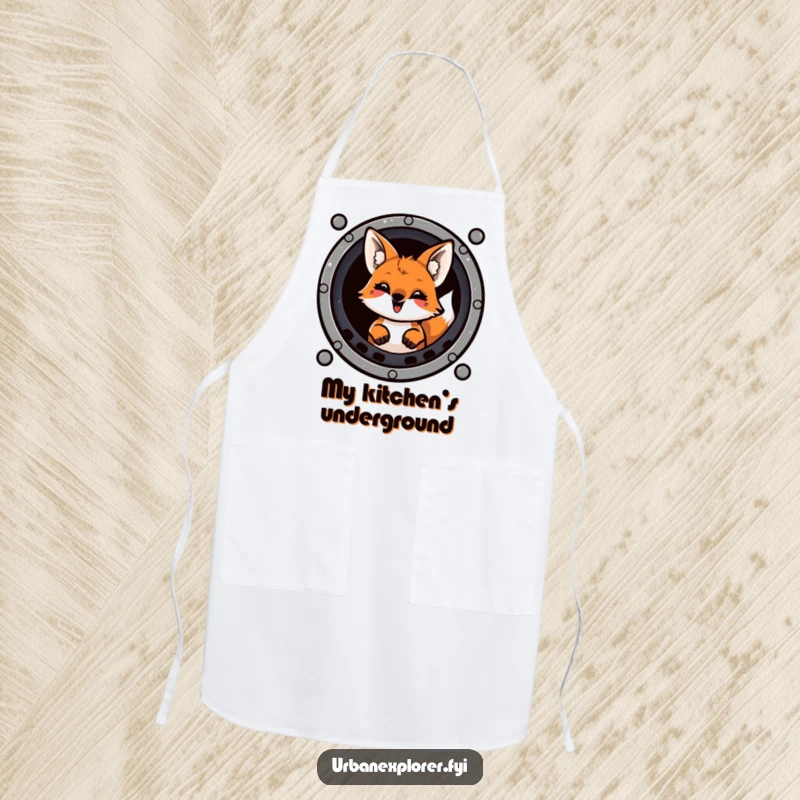 Funny mischievous fox with a playful grin peeking from a sewer grate, printed on a durable kitchen apron.
