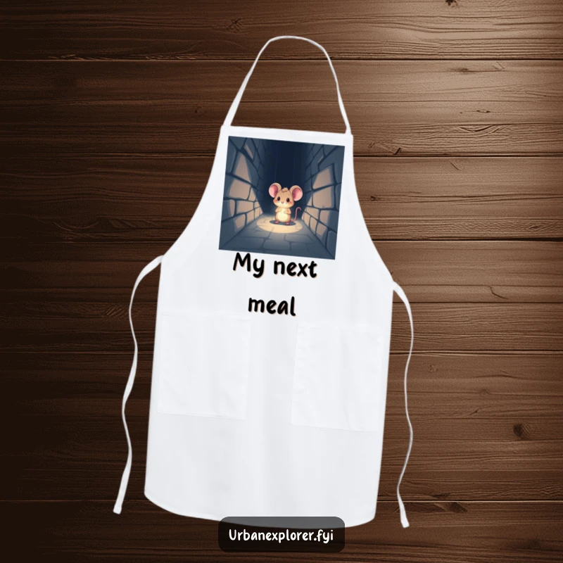 Funny Apron: A tiny mouse with a headlamp shines its beam into a dark alleyway, adding fun to cooking.