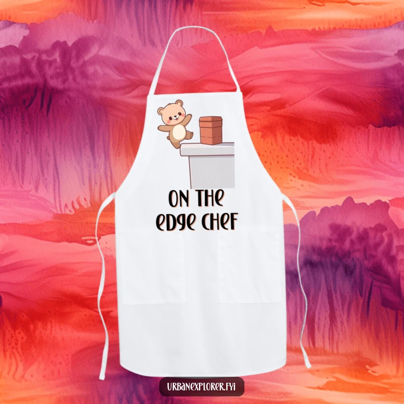 Funny Kawaii Bear Apron, cute bear balancing on a rooftop edge, humorous kitchen wear, excellent funny gift.