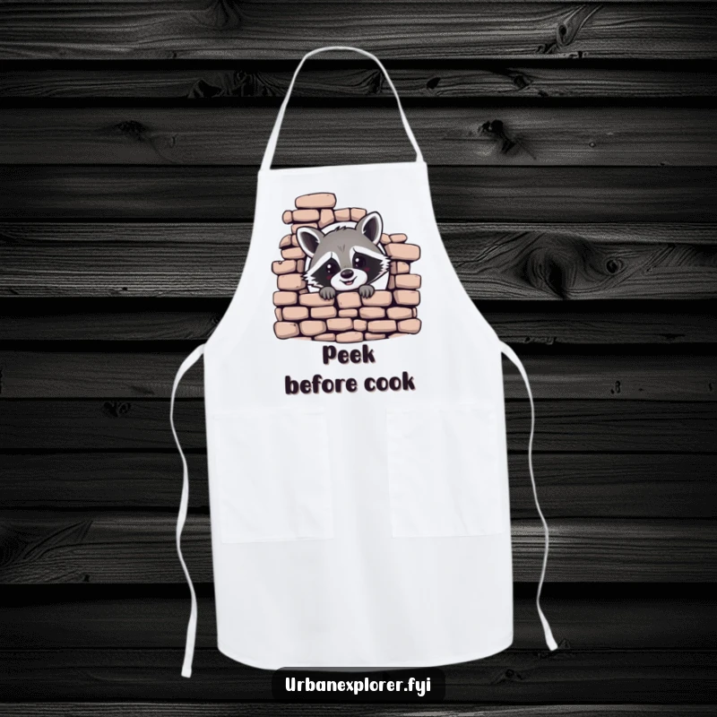 Funny apron with a cheerful raccoon peeking from behind a crumbling brick wall, a humorous accessory for the kitchen.