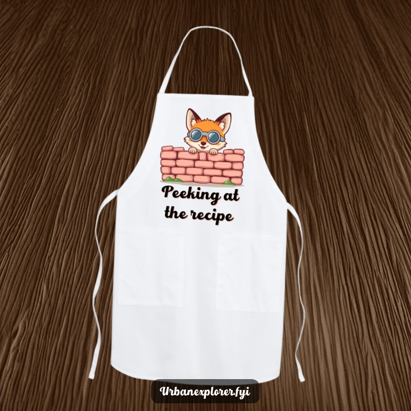 Funny fox apron, a small round fox wearing goggles, gleefully peeking from behind a crumbling brick wall, a cooking accessory.