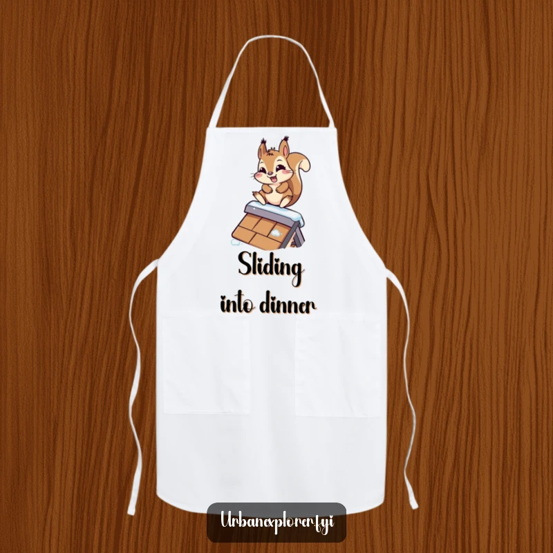 Funny Kawaii Squirrel Apron: A cute squirrel slides down a rooftop, bringing determined, humorous energy to your cooking sessions.