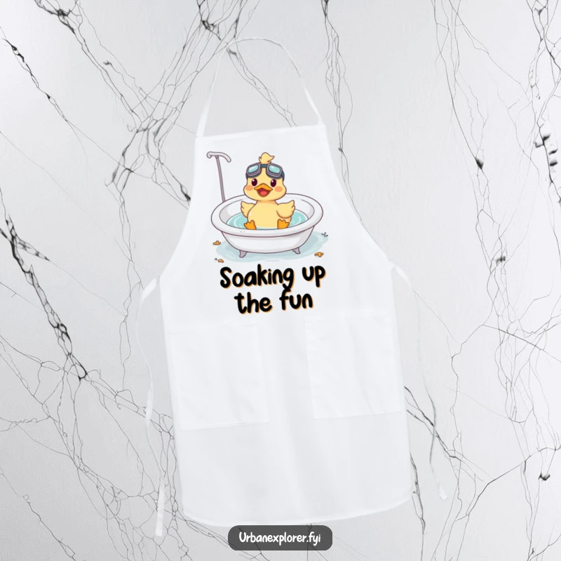 Funny Kawaii duck wearing goggles, floating in a bathtub, printed on a durable kitchen apron.