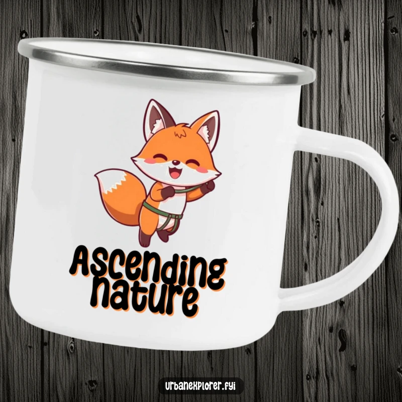 Funny kawaii camping mug with an enthusiastic fox using a grappling hook to ascend a wall, ready for outdoor expeditions.