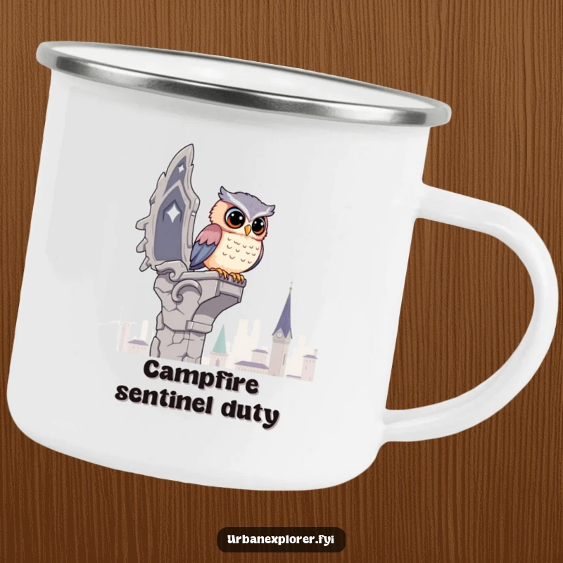 Funny Kawaii Owl Camping Mug: A cute owl surveys the city from a crumbling gargoyle, bringing humorous watchfulness to your adventures.