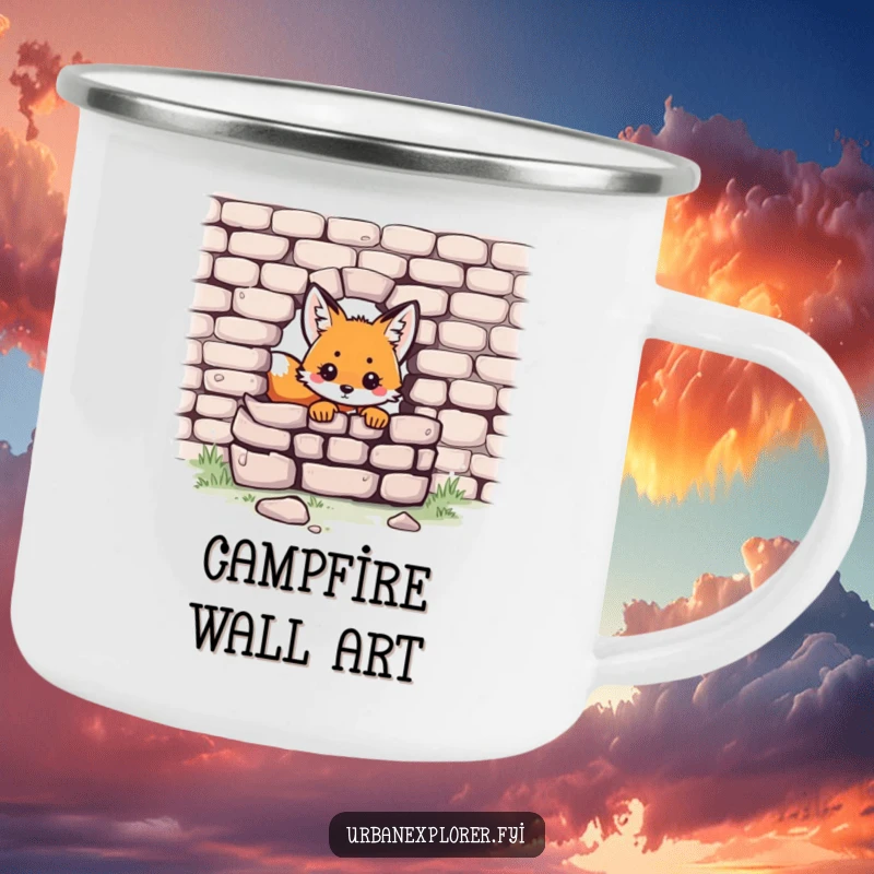 Funny Kawaii fox camping mug featuring a cute fox peeking from a brick wall, ideal for outdoor explorers.