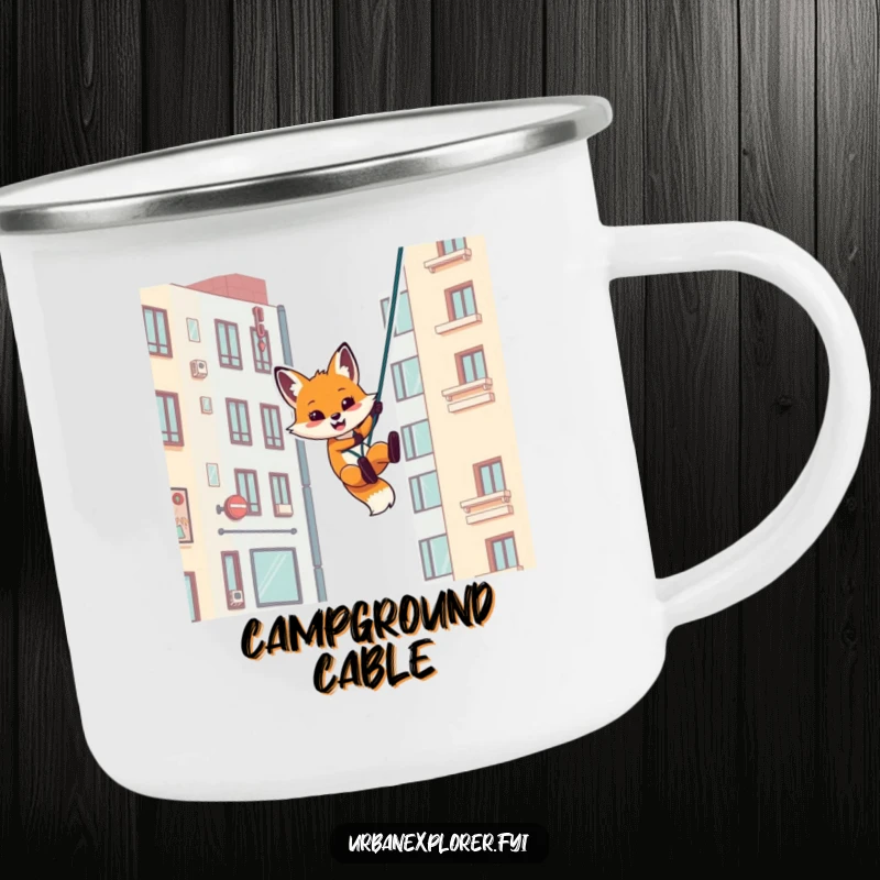 Funny camping mug with a playful fox rappelling down an urban building, perfect for urban adventurers and humor lovers.