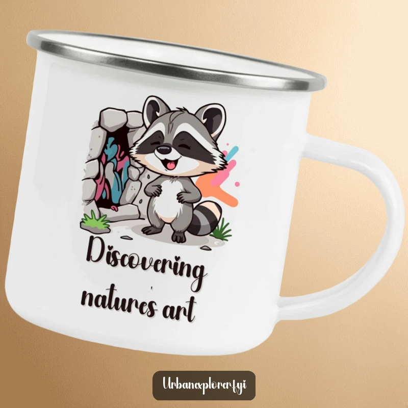 Funny Raccoon Street Art Camping Mug: A sturdy enamel mug with a giggling raccoon discovering street art, ideal for outdoor fun.