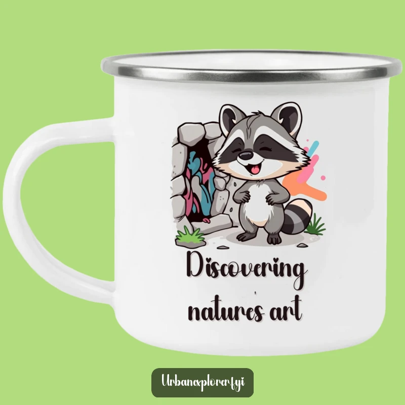 Funny Raccoon Street Art Camping Mug: Durable mug with a cheeky discoverer, perfect funny gift