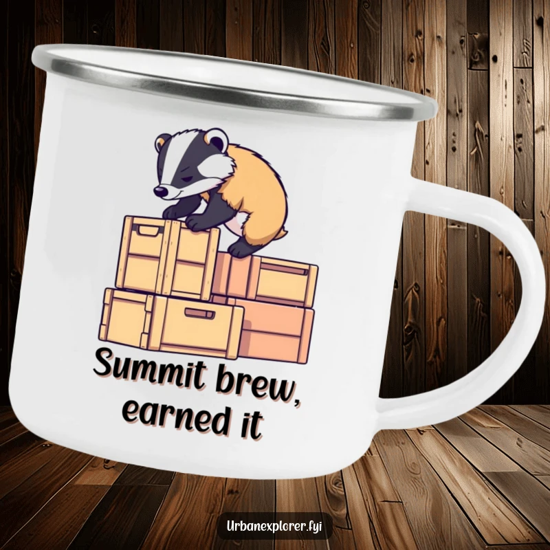 Funny badger character climbing stacked crates with determination, suitable for camping, a funny gift camping mug.