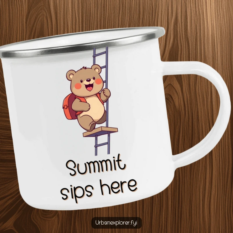 Funny camping mug showcasing a gleeful bear with a backpack climbing a fire escape, perfect for outdoor enthusiasts who appreciate humor.