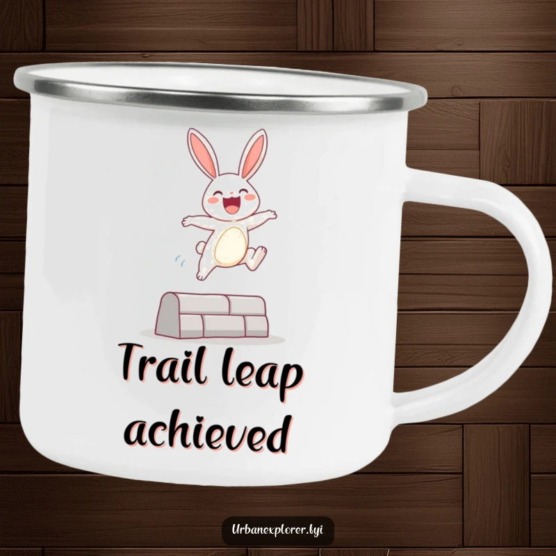 Funny Camping Mug showing a joyful bunny character leaping over an urban obstacle, designed for durable, spirited sipping during outdoor escapades.