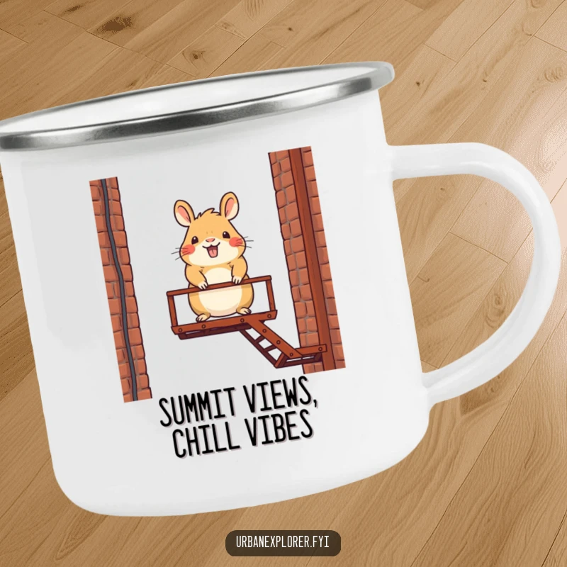 Funny camping mug with a happy capybara character balancing on a rusty fire escape, ideal for outdoor fun.