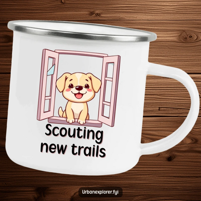Funny Dog Camping Mug: Dog peeking out of a broken window, embodying curiosity and outdoor exploration, perfect for camping trips.