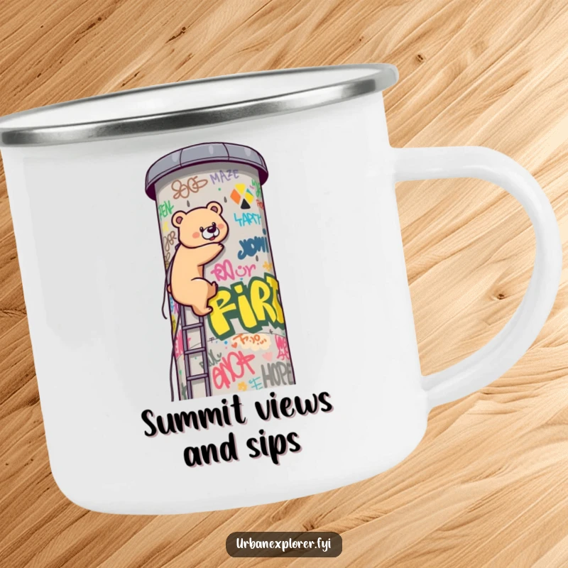 Funny Kawaii bear, scaling a graffiti water tower, sits atop this rugged and funny camping mug. Outdoor adventure humor.