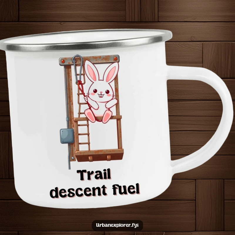 Funny Kawaii Bunny Camping Mug, cute rabbit rappelling down a fire escape, enamel outdoor mug, excellent funny gift.