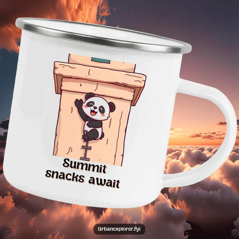 Funny kawaii camping mug with a panda joyfully scaling a weathered building facade, ready for outdoor exploration.