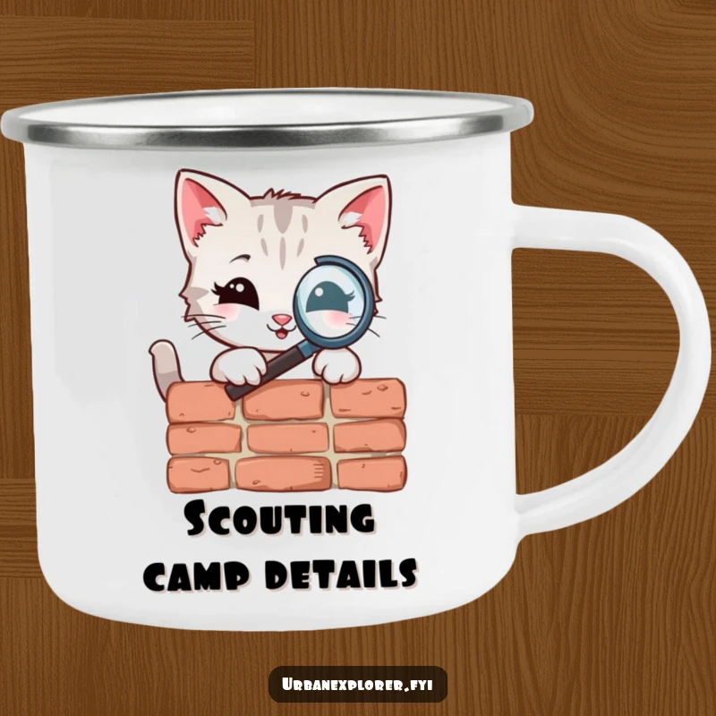 Funny Camping Mug showing a smiling kitten using a magnifying glass on a brick, designed for durable, curious sipping during outdoor adventures.