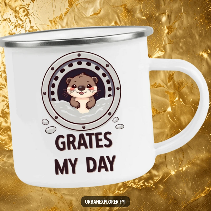 Funny otter with a grin, peeking out from a sewer grate, on a durable camping mug.