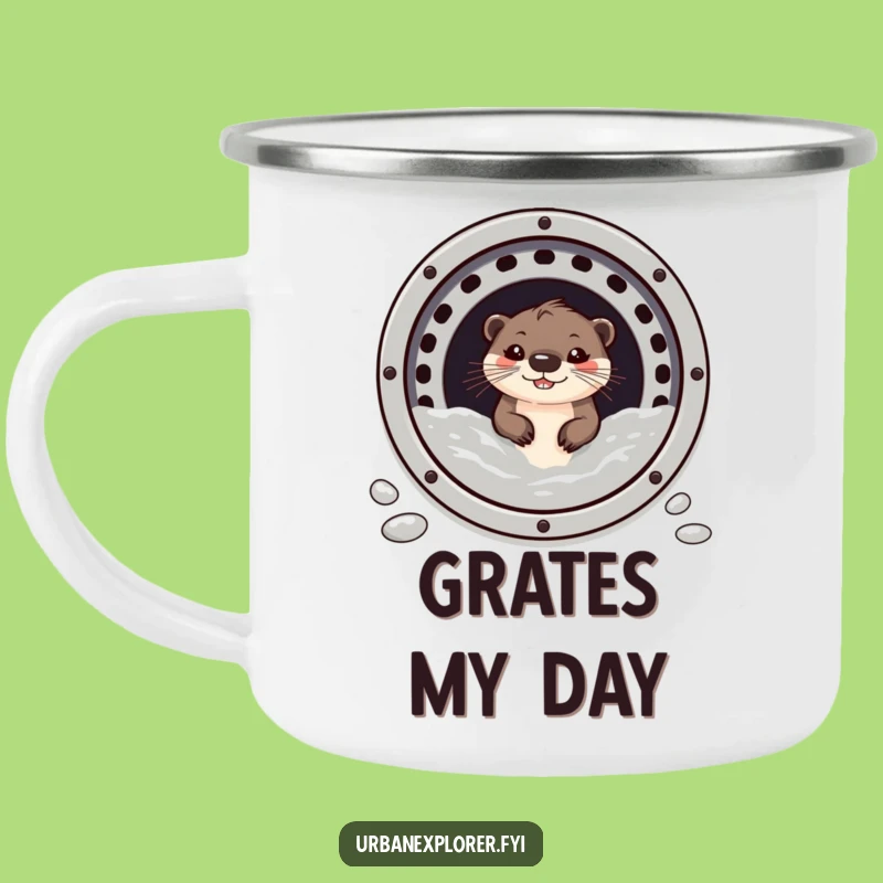 Funny Otter Camp Mug: Grinning Sewer View, Great Outdoor Gift