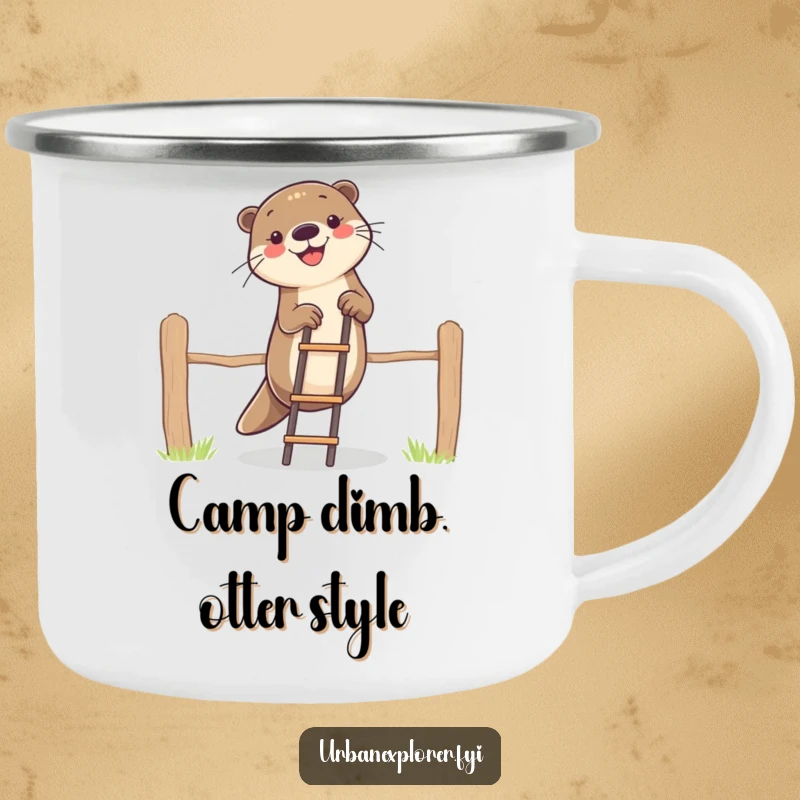 Funny otter character humorously climbing a fence with a ladder on a camping mug, perfect for outdoor enthusiasts with humor.
