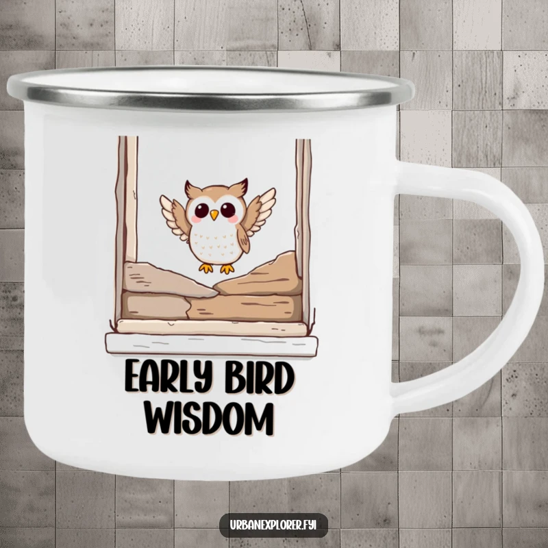 Funny owl camping mug showing a joyful owl landing on a weathered window ledge, designed for outdoor adventures.