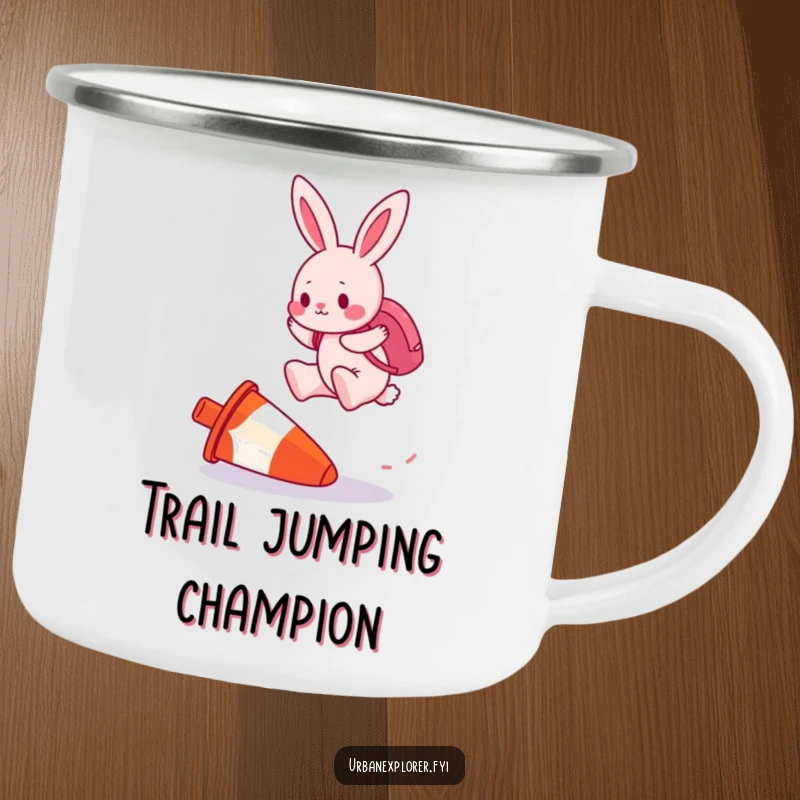 Funny camping mug showing a determined pink bunny with a backpack, jumping over an upside-down traffic cone.