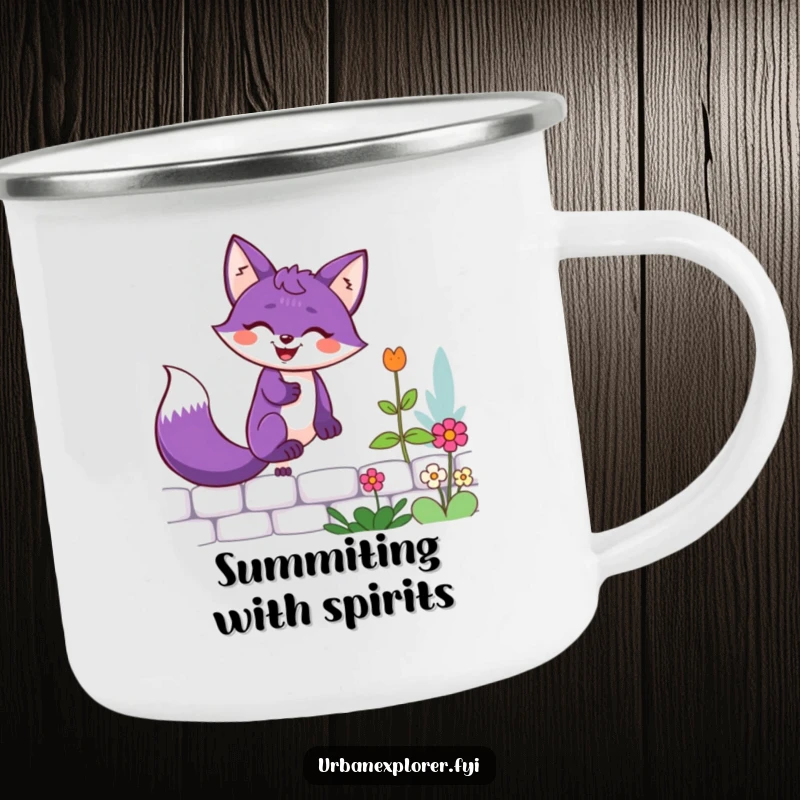 Funny purple fox with a determined grin scaling a garden wall, perfect for hot beverages during camping trips.